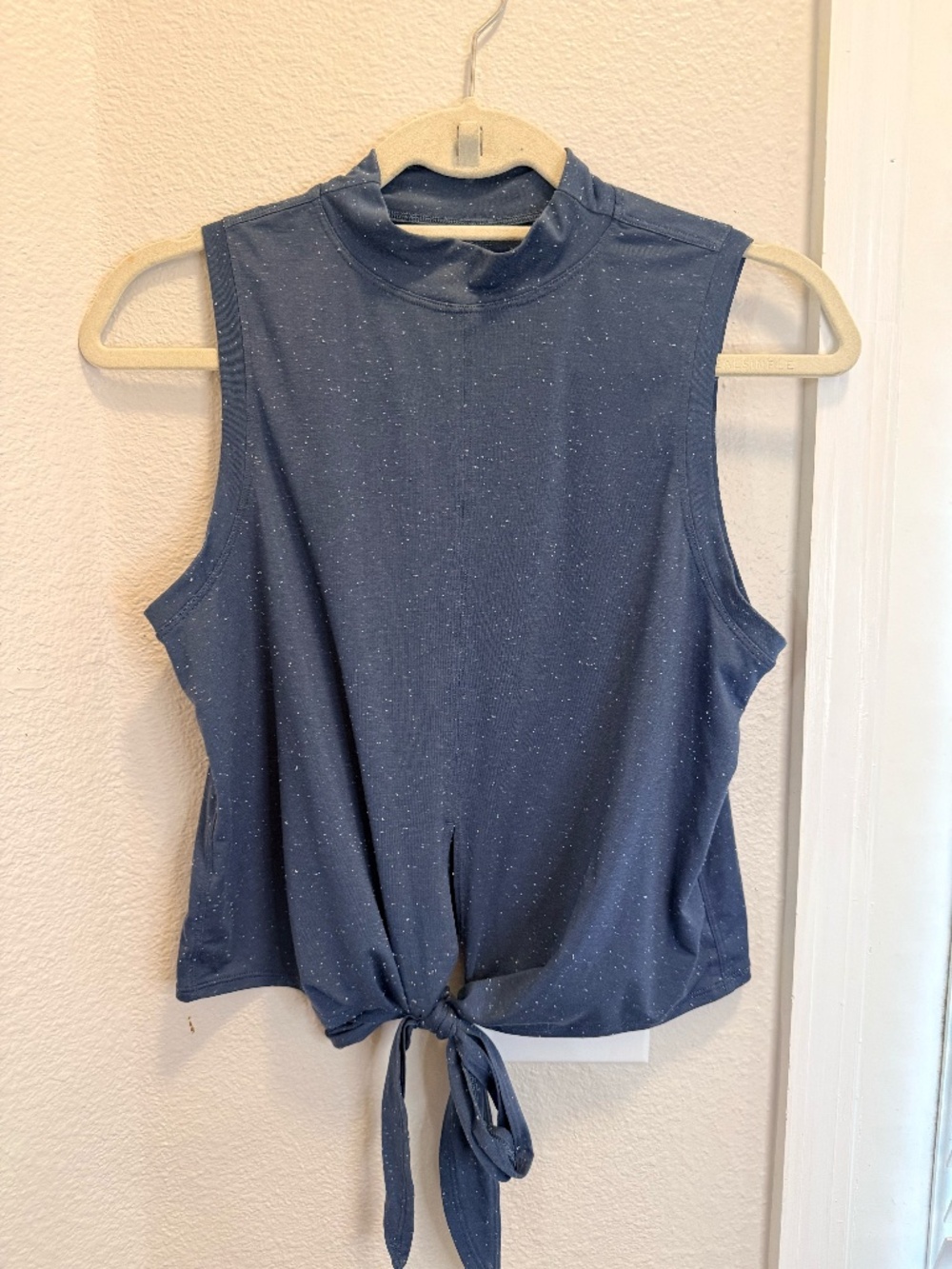 Blue Speckled Mock Neck Tie Front Sleeveless Top Split Hem